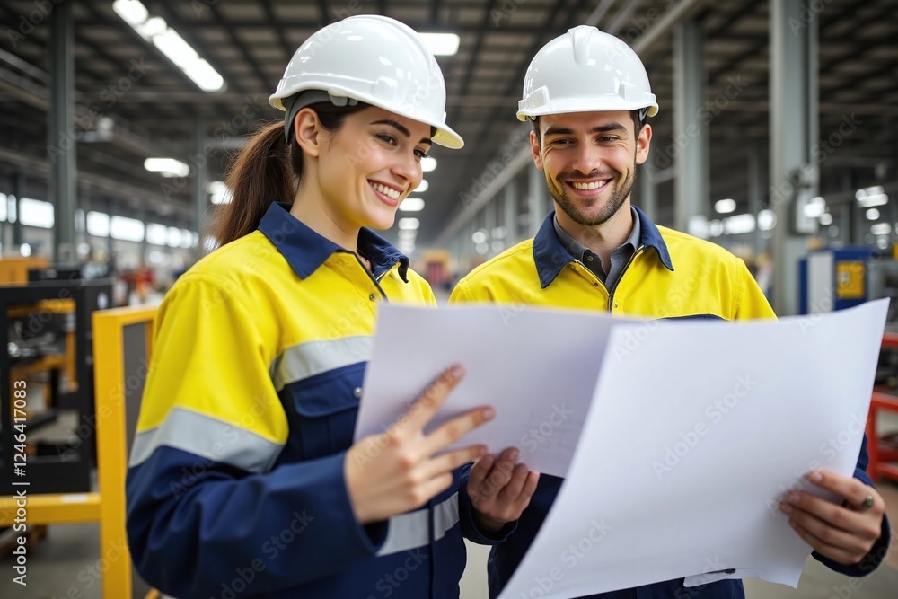 two individuals in work uniforms holding notebook in factory two individuals in work uniforms holding notebook in factory