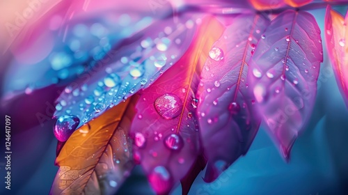 Vibrant close-up of colorful leaves adorned with water droplets, set against a softly blurred background