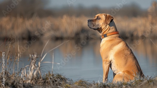 Wallpaper Mural A calm dog sitting by a serene lake, gazing thoughtfully at the tranquil landscape Torontodigital.ca