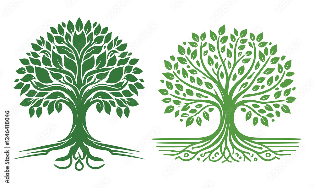 Obraz premium Beautiful green tree silhouette and vector design, minimalist business logo for tree icon on white background.