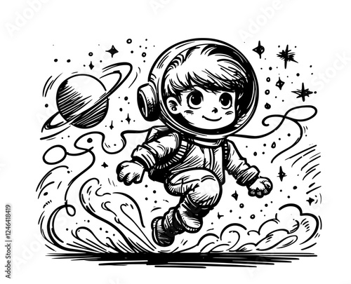 happy child astronaut floating in space with planets in sketch style