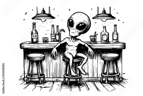 alien sitting at bar counter with drinks in sketch style