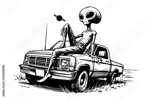 alien relaxing on old pickup truck with ufo in sketch style