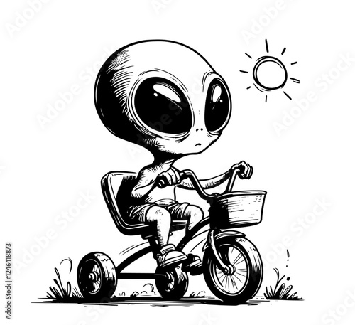alien child riding a tricycle under the sun in sketch style