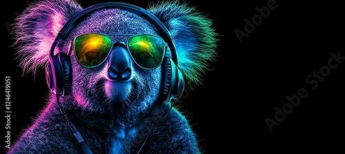 Neon Party Animal Colorful Koala DJ With Headphones and Sunglasses on Black Background photo