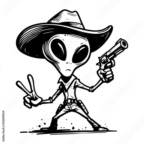 alien cowboy with revolver making peace sign in sketch style