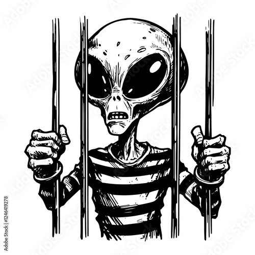 alien prisoner behind bars in vintage sketch style