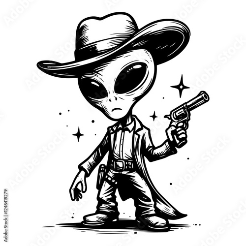 alien cowboy character with revolver in vintage sketch style