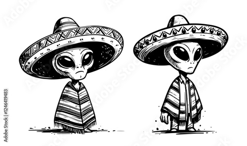alien characters in sombrero and poncho in vintage sketch style