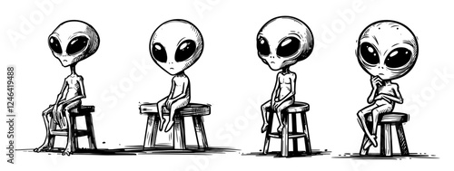 alien characters sitting on stools in vintage sketch style