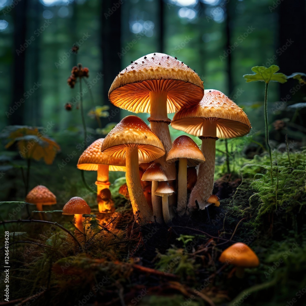 Fototapeta premium the AI Image Generator, Illuminated Mushrooms in a Lush Forest Capturing a Magical