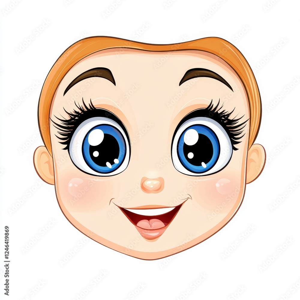 Cute smiling cartoon face with big blue eyes and orange hair Cute smiling cartoon face with big blue eyes and orange hair