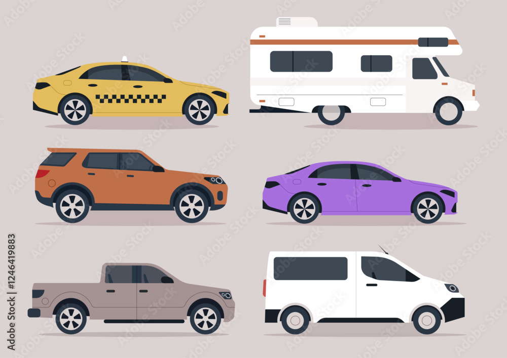 Six unique cars are creatively displayed, blending shapes and styles with vibrant colors on a neutral background, highlighting urban transportation Six unique cars are creatively displayed, blending shapes and styles with vibrant colors on a neutral background, highlighting urban transportation