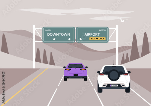 A vibrant freeway is alive with cars cruising towards their destinations, guided by directional signs for downtown and the airport against a soft twilight backdrop