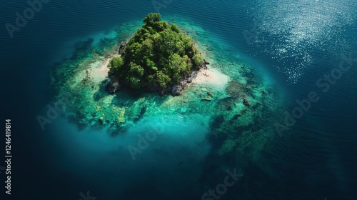 Aerial view of a secluded tropical island embraced by sparkling blue waters and vibrant greenery creates a perfect escape for nature lovers. Tropical beach vacation and travel concept in summer