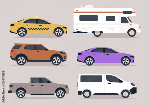 Six unique cars are creatively displayed, blending shapes and styles with vibrant colors on a neutral background, highlighting urban transportation