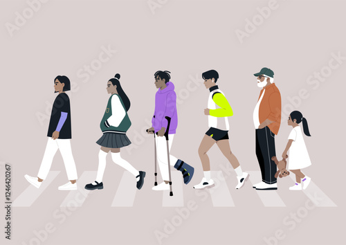Six pedestrians crossing the road in a harmonious blend of styles, reflecting unity and individuality during a warm midday in an urban setting