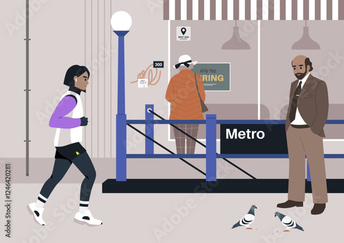 A character jogging briskly near a bustling metro entrance, surrounded by curious pigeons and onlookers, all contributing to the vibrant city atmosphere