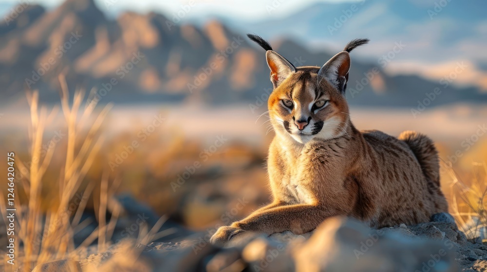 Fototapeta premium Majestic lynx lounging on rocky terrain with mountains in the background at sunrise