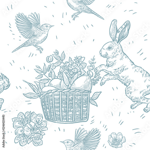 Easter seamless pattern with cute bunny rabbits, vintage style drawing, vector file
