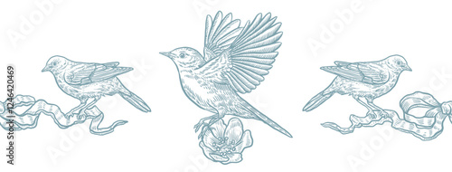 Spring floral border with birds, vintage style, vector illustration, blue color