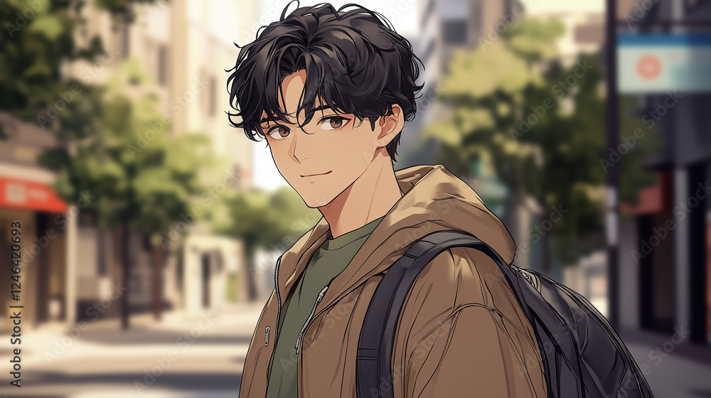 Fototapeta premium Handsome 23-year-old male college graduate exploring a chic urban street with a relaxed demeanor