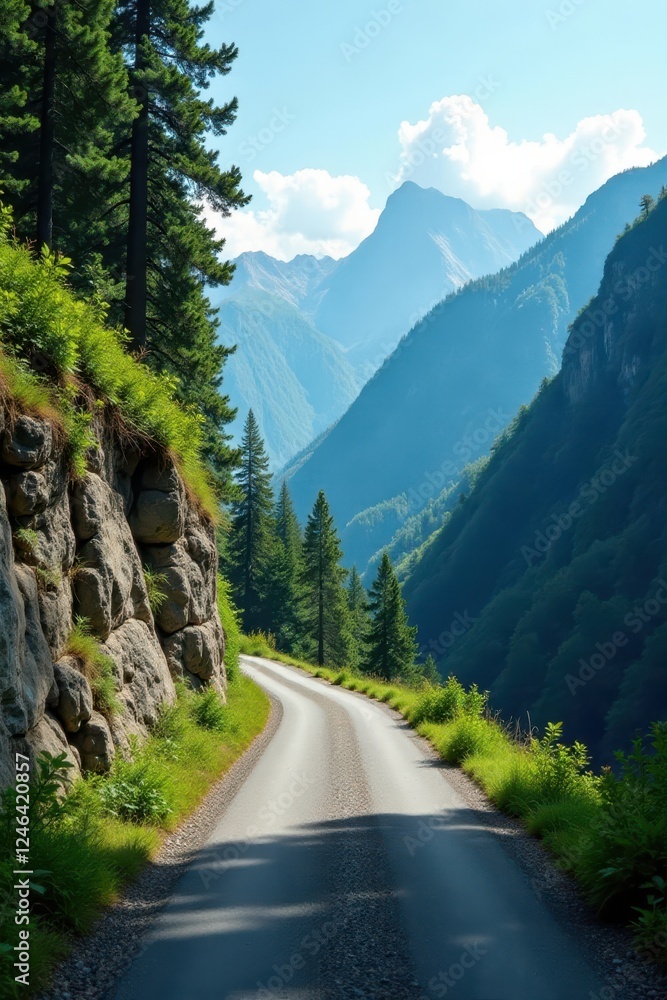 Obraz premium Narrow paved road, steep incline, forested mountains, perspective, paved, mountain pass
