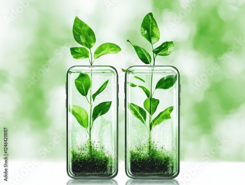 Wallpaper Mural Two glass containers with vibrant green plants showcase growth and sustainability against a soft green background. Torontodigital.ca