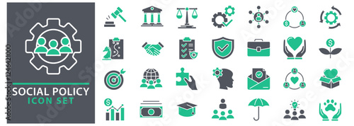 Social Policy web icons. Education, government, welfare, reforms, medicine, collection. Vector illustration.