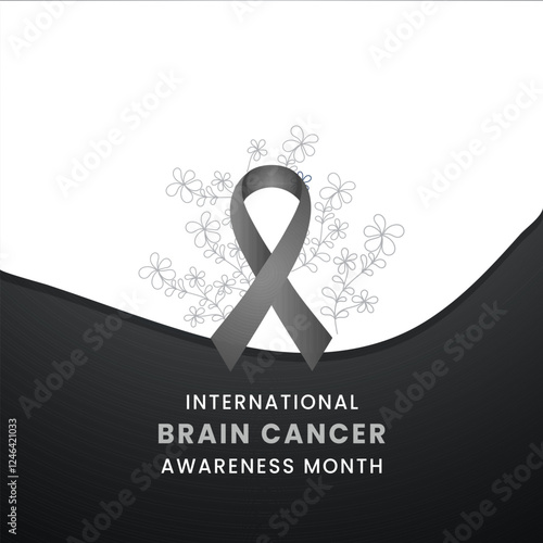 Black ribbon with flower awareness graphic for International Brain Cancer Awareness Month banner.