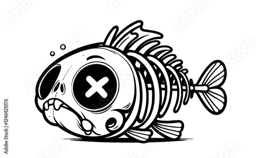 fish skeleton cartoon sketch vector black and white style