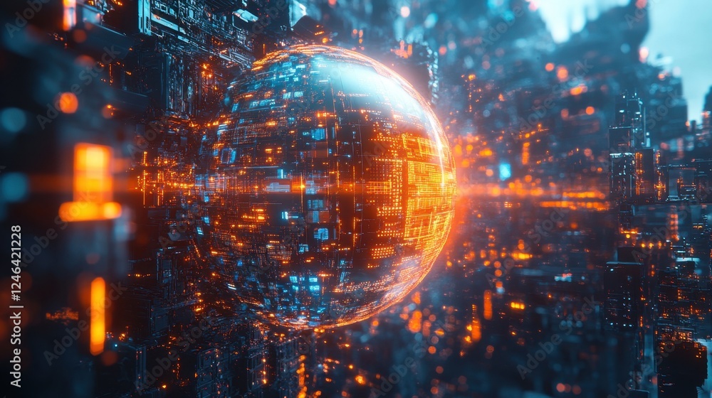 Artificial intelligence-powered cybersecurity system, illustrated with a glowing data sphere and shield. Artificial intelligence-powered cybersecurity system, illustrated with a glowing data sphere and shield.