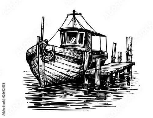 wooden fishing boat sketch vector black and white engraving style