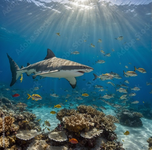 A great white shark swimming in clear turquoise waters, sunlight filtering through the waves, with a bright sandy ocean floor bA hammerhead shark gracefully gliding in a shallow coral reef, surrounded