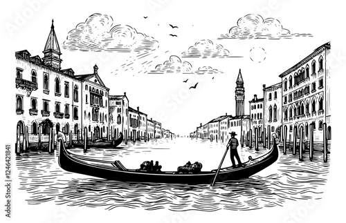 venice gondola canal sketch vector black and white engraving style
