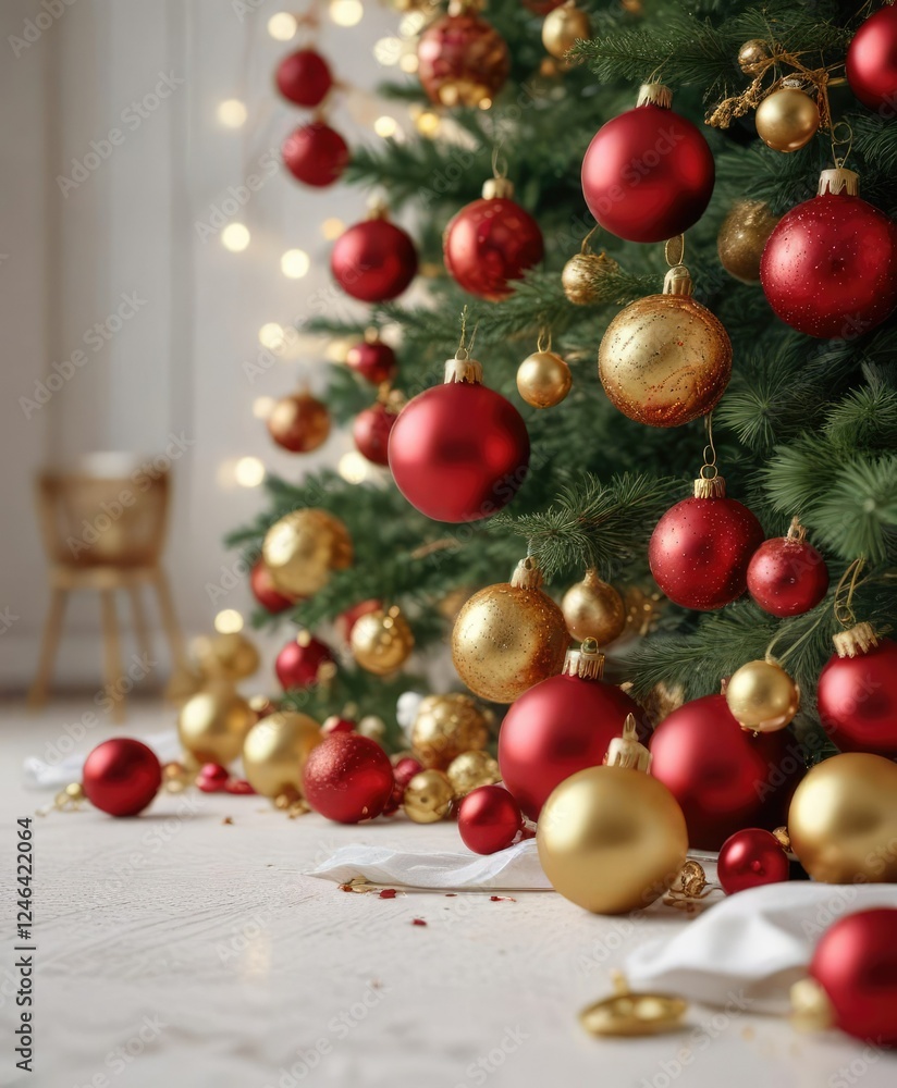 Fototapeta premium Red and gold ornaments scattered around a Christmas tree on a white mat, tree, winter