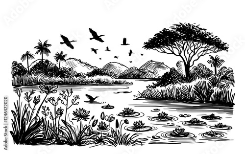 tropical wetlands landscape sketch vector black and white engraving style