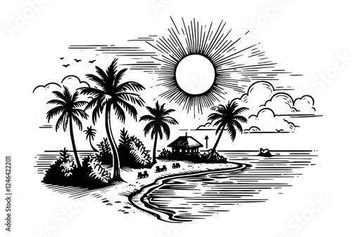 tropical island sketch vector black and white engraving style
