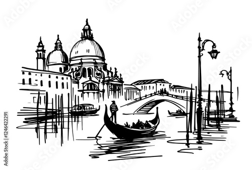 venice gondola sketch vector black and white illustration style