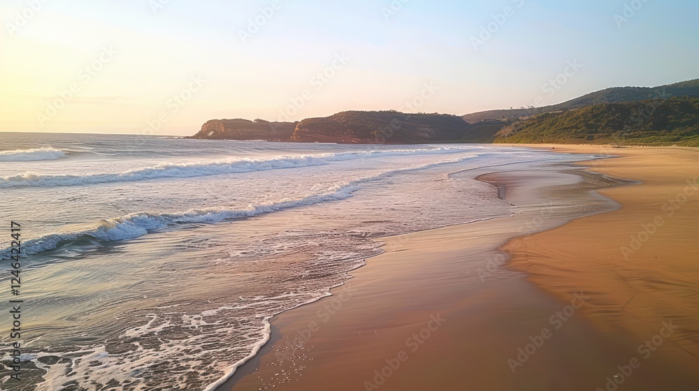 Obraz premium A serene beach at sunset with gentle waves lapping at the shore, pastel sky colors blending into the horizon