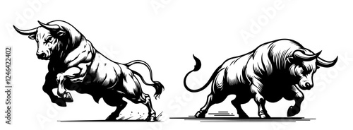 bulls illustration black vector engraving style dynamic pose