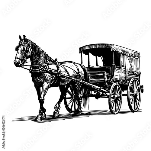 horse-drawn carriage illustration black vector engraving style
