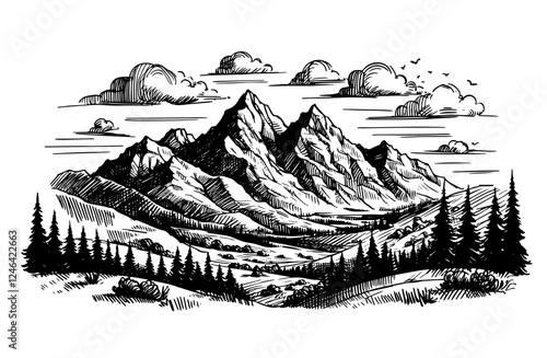 mountain valley landscape black vector engraving illustration