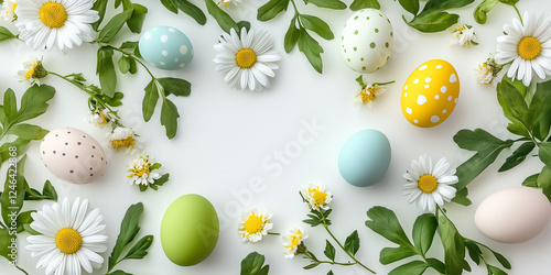 Eine helle, frische Frühlingsszene mit bunten Ostereiern, umgeben von weichen weißen Gänseblümchen und grünen Blättern auf einen weißen Hintergrund Osterkarte Ostern Frohe Ostern photo