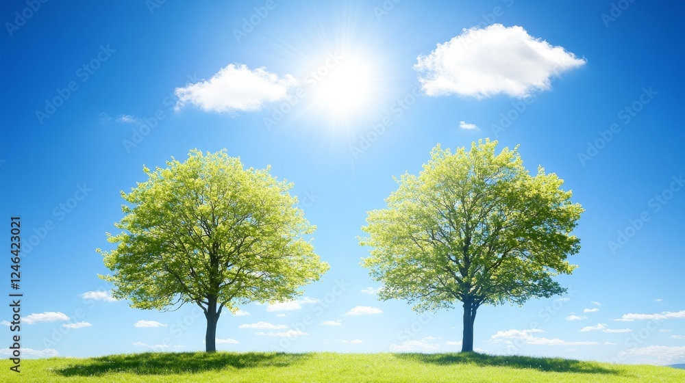 Sunny Day, Two Green Trees on Grassy Hill Sunny Day, Two Green Trees on Grassy Hill