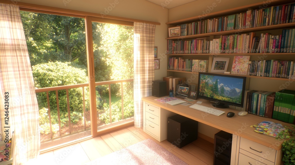 Sunny Home Office with Bookshelves and Garden View Sunny Home Office with Bookshelves and Garden View