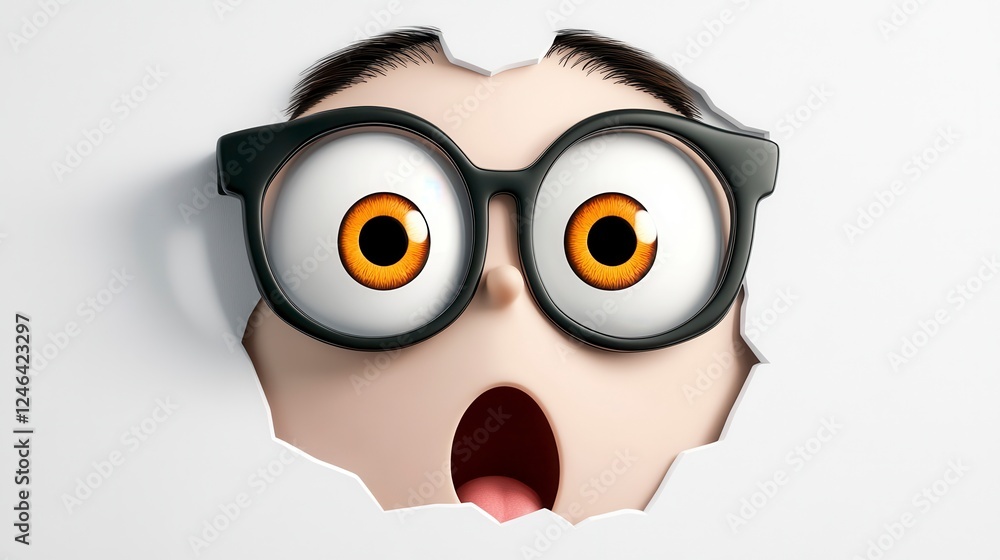 Surprised cartoon character with large glasses peeking through wall Surprised cartoon character with large glasses peeking through wall