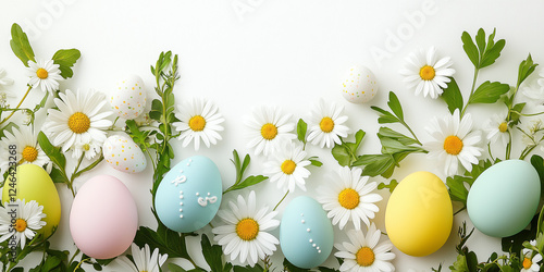 Eine helle, frische Frühlingsszene mit bunten Ostereiern, umgeben von weichen weißen Gänseblümchen und grünen Blättern auf einen weißen Hintergrund Osterkarte Ostern Frohe Ostern photo