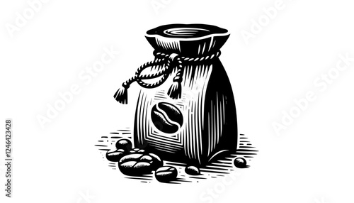 coffee bag with beans black vector engraving illustration