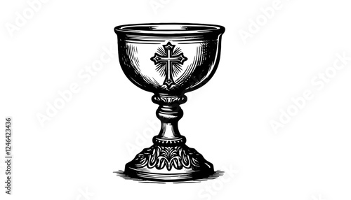 ornate chalice with cross black vector engraving design
